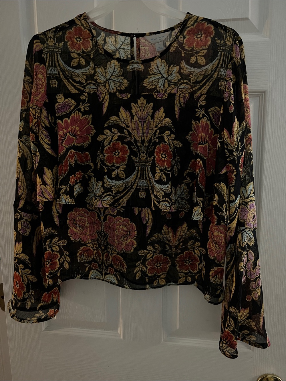 Belle Sky Black Floral Metallic Long Sleeve Blouse